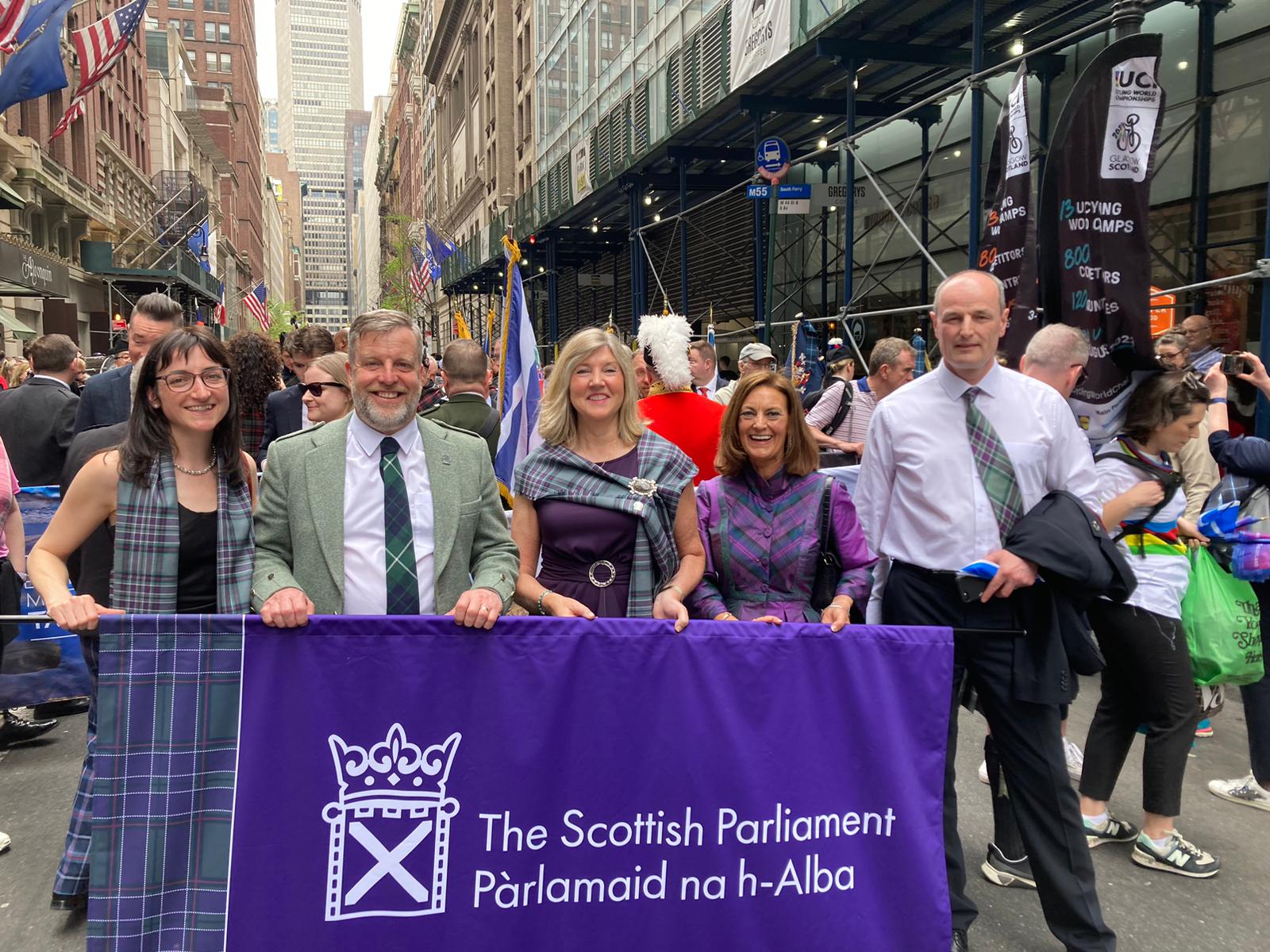 The Presiding Officer and members of the Scotland Week delegation take part in the parade in New York City